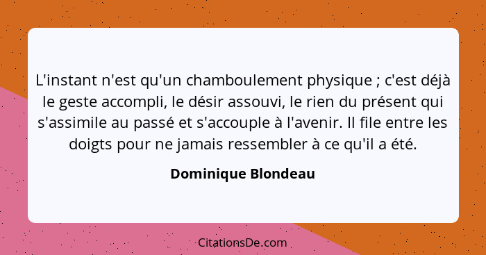 L'instant n'est qu'un chamboulement physique ; c'est déjà le geste accompli, le désir assouvi, le rien du présent qui s'assi... - Dominique Blondeau