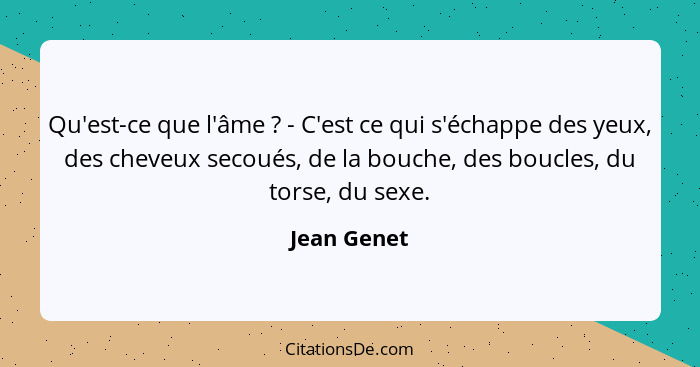 Qu'est-ce que l'âme ? - C'est ce qui s'échappe des yeux, des cheveux secoués, de la bouche, des boucles, du torse, du sexe.... - Jean Genet