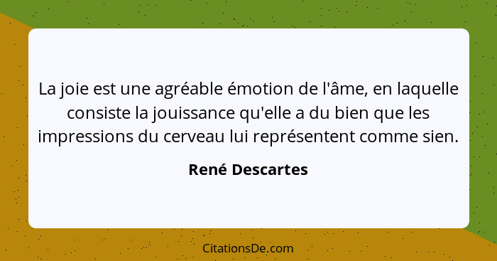 La joie est une agréable émotion de l'âme, en laquelle consiste la jouissance qu'elle a du bien que les impressions du cerveau lui re... - René Descartes