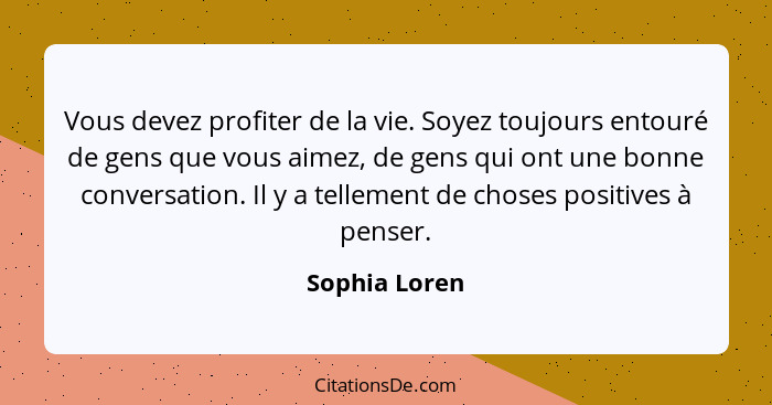 Vous devez profiter de la vie. Soyez toujours entouré de gens que vous aimez, de gens qui ont une bonne conversation. Il y a tellement... - Sophia Loren