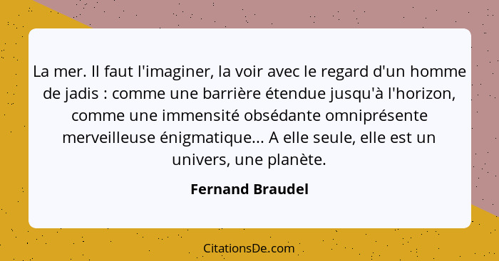 La mer. Il faut l'imaginer, la voir avec le regard d'un homme de jadis : comme une barrière étendue jusqu'à l'horizon, comme un... - Fernand Braudel