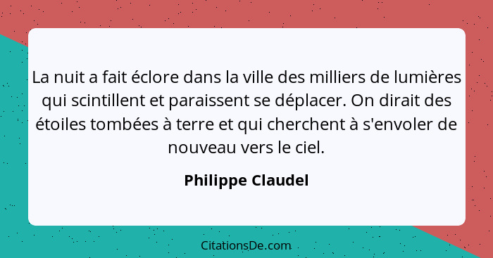 La nuit a fait éclore dans la ville des milliers de lumières qui scintillent et paraissent se déplacer. On dirait des étoiles tombé... - Philippe Claudel