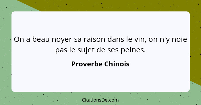 On a beau noyer sa raison dans le vin, on n'y noie pas le sujet de ses peines.... - Proverbe Chinois