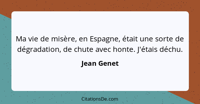 Ma vie de misère, en Espagne, était une sorte de dégradation, de chute avec honte. J'étais déchu.... - Jean Genet