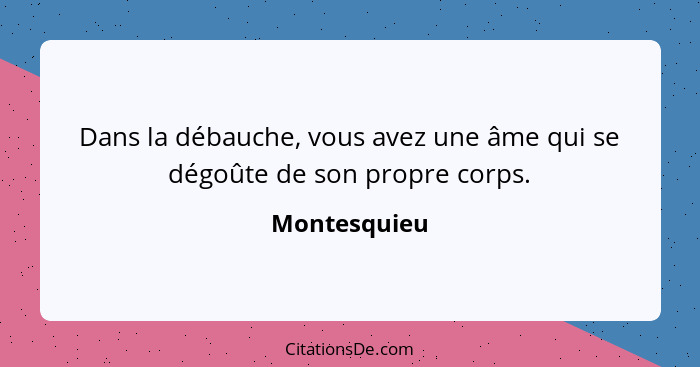 Dans la débauche, vous avez une âme qui se dégoûte de son propre corps.... - Montesquieu