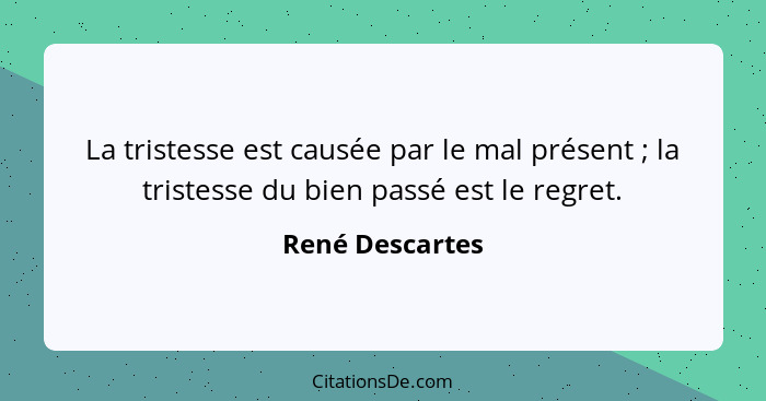 La tristesse est causée par le mal présent ; la tristesse du bien passé est le regret.... - René Descartes