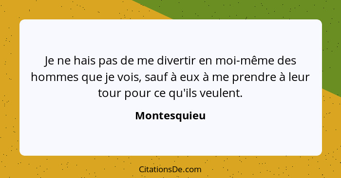 Je ne hais pas de me divertir en moi-même des hommes que je vois, sauf à eux à me prendre à leur tour pour ce qu'ils veulent.... - Montesquieu