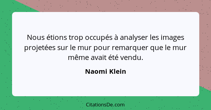 Nous étions trop occupés à analyser les images projetées sur le mur pour remarquer que le mur même avait été vendu.... - Naomi Klein