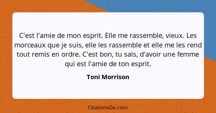 C'est l'amie de mon esprit. Elle me rassemble, vieux. Les morceaux que je suis, elle les rassemble et elle me les rend tout remis en o... - Toni Morrison