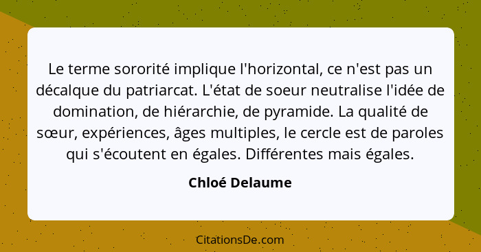 Le terme sororité implique l'horizontal, ce n'est pas un décalque du patriarcat. L'état de soeur neutralise l'idée de domination, de h... - Chloé Delaume