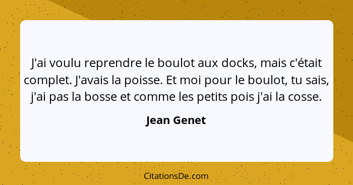 J'ai voulu reprendre le boulot aux docks, mais c'était complet. J'avais la poisse. Et moi pour le boulot, tu sais, j'ai pas la bosse et c... - Jean Genet