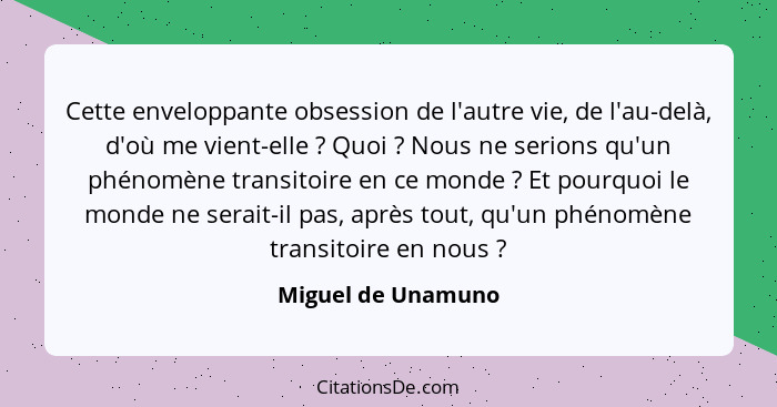 Cette enveloppante obsession de l'autre vie, de l'au-delà, d'où me vient-elle ? Quoi ? Nous ne serions qu'un phénomène t... - Miguel de Unamuno