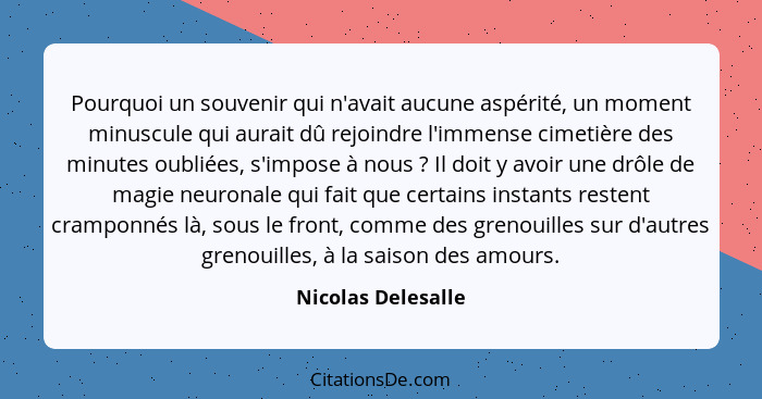 Pourquoi un souvenir qui n'avait aucune aspérité, un moment minuscule qui aurait dû rejoindre l'immense cimetière des minutes oubl... - Nicolas Delesalle