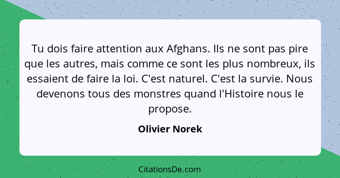 Tu dois faire attention aux Afghans. Ils ne sont pas pire que les autres, mais comme ce sont les plus nombreux, ils essaient de faire... - Olivier Norek