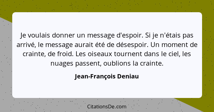 Je voulais donner un message d'espoir. Si je n'étais pas arrivé, le message aurait été de désespoir. Un moment de crainte, de f... - Jean-François Deniau