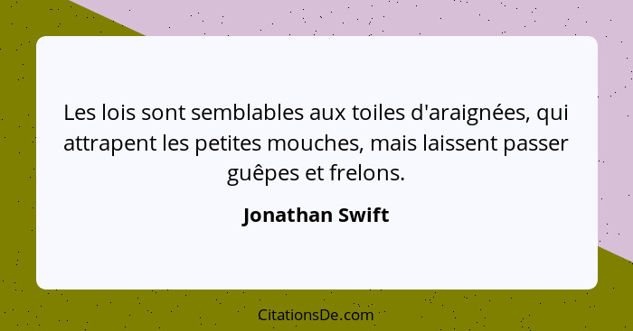 Les lois sont semblables aux toiles d'araignées, qui attrapent les petites mouches, mais laissent passer guêpes et frelons.... - Jonathan Swift