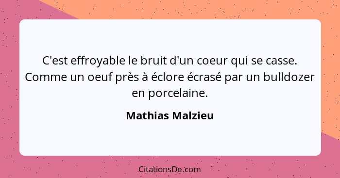 C'est effroyable le bruit d'un coeur qui se casse. Comme un oeuf près à éclore écrasé par un bulldozer en porcelaine.... - Mathias Malzieu