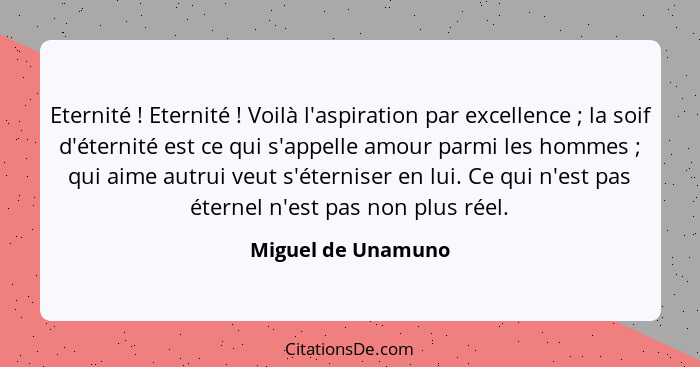 Eternité ! Eternité ! Voilà l'aspiration par excellence ; la soif d'éternité est ce qui s'appelle amour parmi les h... - Miguel de Unamuno