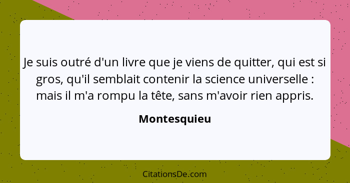 Je suis outré d'un livre que je viens de quitter, qui est si gros, qu'il semblait contenir la science universelle : mais il m'a rom... - Montesquieu