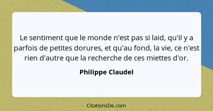 Le sentiment que le monde n'est pas si laid, qu'il y a parfois de petites dorures, et qu'au fond, la vie, ce n'est rien d'autre que... - Philippe Claudel