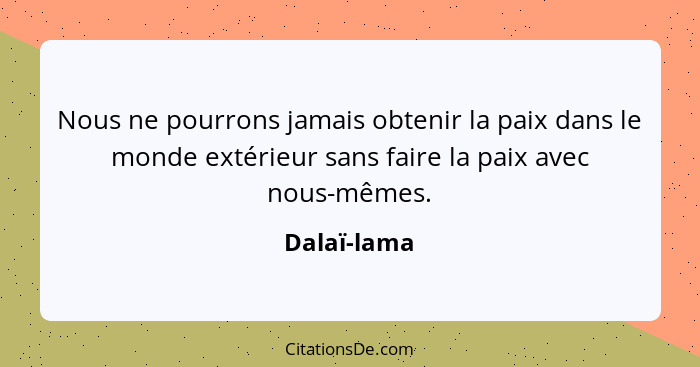 Nous ne pourrons jamais obtenir la paix dans le monde extérieur sans faire la paix avec nous-mêmes.... - Dalaï-lama