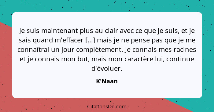 Je suis maintenant plus au clair avec ce que je suis, et je sais quand m'effacer [...] mais je ne pense pas que je me connaîtrai un jour... - K'Naan