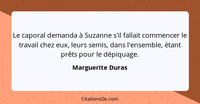 Le caporal demanda à Suzanne s'il fallait commencer le travail chez eux, leurs semis, dans l'ensemble, étant prêts pour le dépiquag... - Marguerite Duras