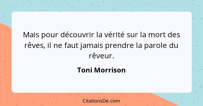 Mais pour découvrir la vérité sur la mort des rêves, il ne faut jamais prendre la parole du rêveur.... - Toni Morrison