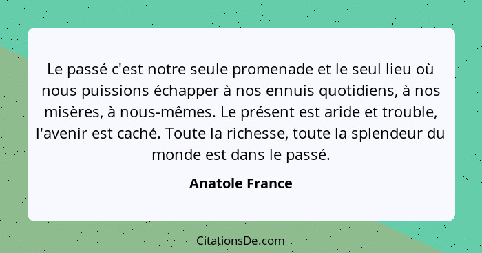 Le passé c'est notre seule promenade et le seul lieu où nous puissions échapper à nos ennuis quotidiens, à nos misères, à nous-mêmes.... - Anatole France