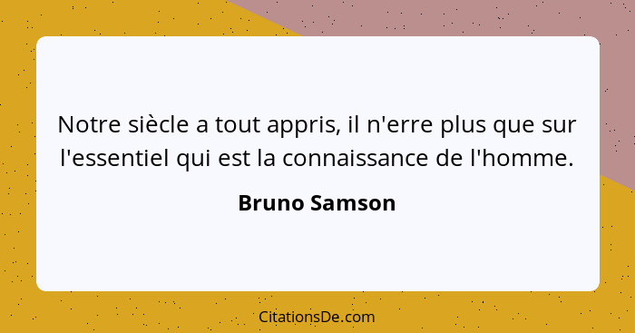 Notre siècle a tout appris, il n'erre plus que sur l'essentiel qui est la connaissance de l'homme.... - Bruno Samson