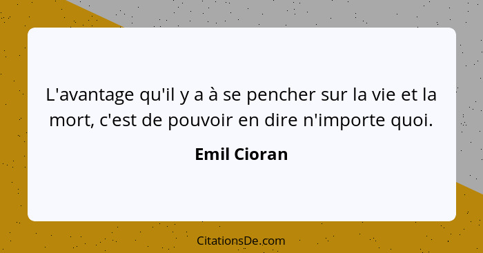 L'avantage qu'il y a à se pencher sur la vie et la mort, c'est de pouvoir en dire n'importe quoi.... - Emil Cioran