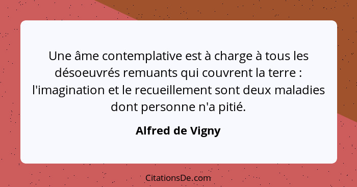 Une âme contemplative est à charge à tous les désoeuvrés remuants qui couvrent la terre : l'imagination et le recueillement son... - Alfred de Vigny