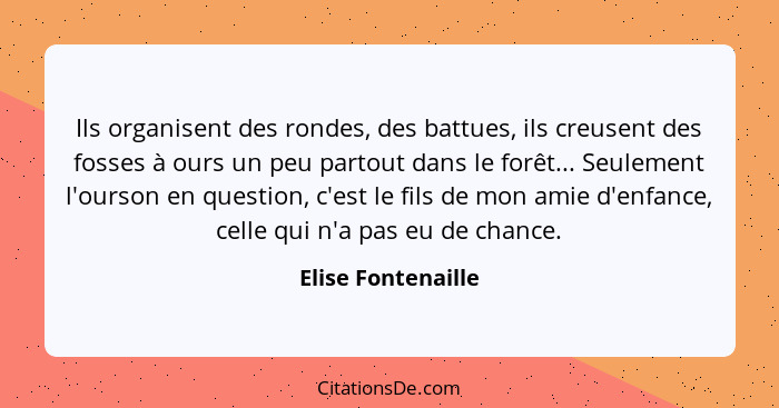 Ils organisent des rondes, des battues, ils creusent des fosses à ours un peu partout dans le forêt... Seulement l'ourson en quest... - Elise Fontenaille