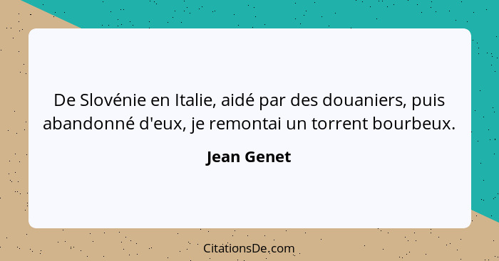 De Slovénie en Italie, aidé par des douaniers, puis abandonné d'eux, je remontai un torrent bourbeux.... - Jean Genet