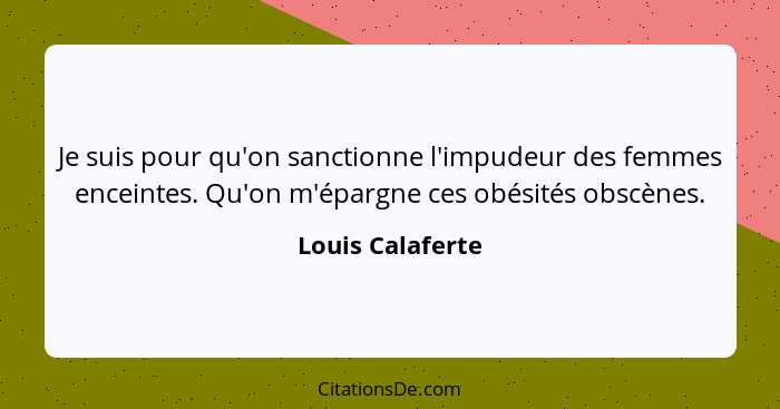 Je suis pour qu'on sanctionne l'impudeur des femmes enceintes. Qu'on m'épargne ces obésités obscènes.... - Louis Calaferte