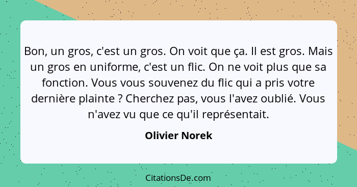 Bon, un gros, c'est un gros. On voit que ça. Il est gros. Mais un gros en uniforme, c'est un flic. On ne voit plus que sa fonction. Vo... - Olivier Norek