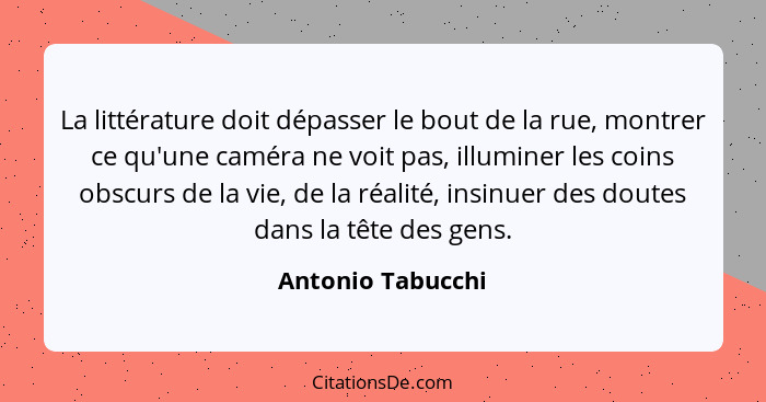 La littérature doit dépasser le bout de la rue, montrer ce qu'une caméra ne voit pas, illuminer les coins obscurs de la vie, de la... - Antonio Tabucchi