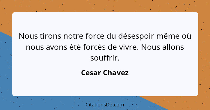 Nous tirons notre force du désespoir même où nous avons été forcés de vivre. Nous allons souffrir.... - Cesar Chavez