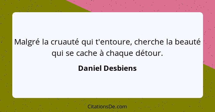 Malgré la cruauté qui t'entoure, cherche la beauté qui se cache à chaque détour.... - Daniel Desbiens