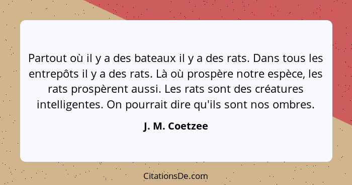 Partout où il y a des bateaux il y a des rats. Dans tous les entrepôts il y a des rats. Là où prospère notre espèce, les rats prospère... - J. M. Coetzee