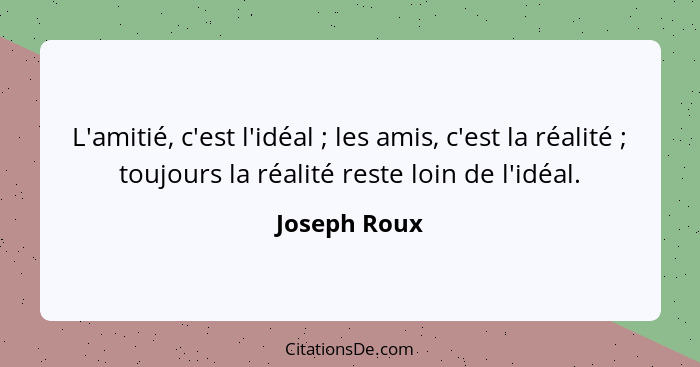 L'amitié, c'est l'idéal ; les amis, c'est la réalité ; toujours la réalité reste loin de l'idéal.... - Joseph Roux