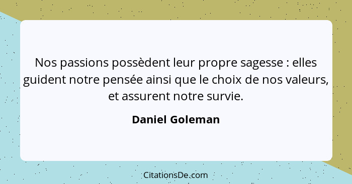 Nos passions possèdent leur propre sagesse : elles guident notre pensée ainsi que le choix de nos valeurs, et assurent notre sur... - Daniel Goleman