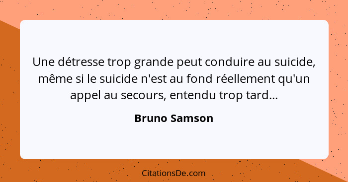 Une détresse trop grande peut conduire au suicide, même si le suicide n'est au fond réellement qu'un appel au secours, entendu trop tar... - Bruno Samson