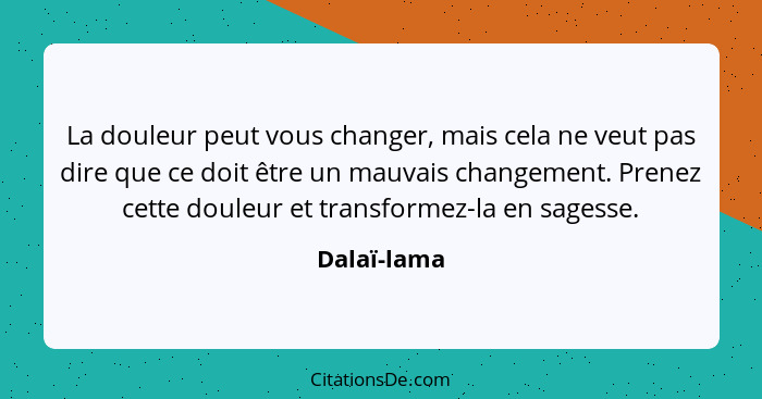 La douleur peut vous changer, mais cela ne veut pas dire que ce doit être un mauvais changement. Prenez cette douleur et transformez-la e... - Dalaï-lama