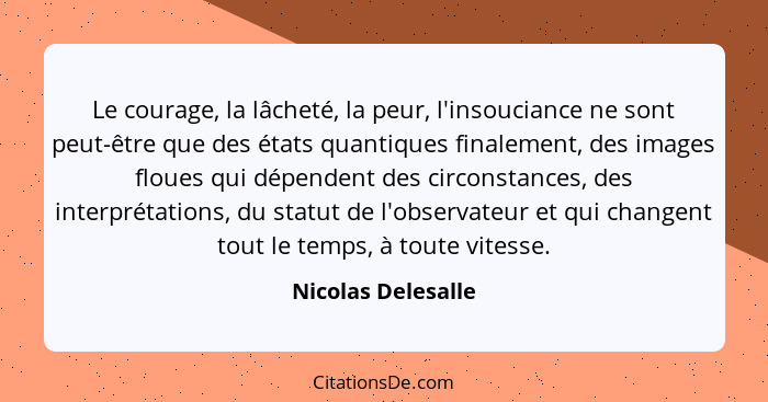 Le courage, la lâcheté, la peur, l'insouciance ne sont peut-être que des états quantiques finalement, des images floues qui dépend... - Nicolas Delesalle