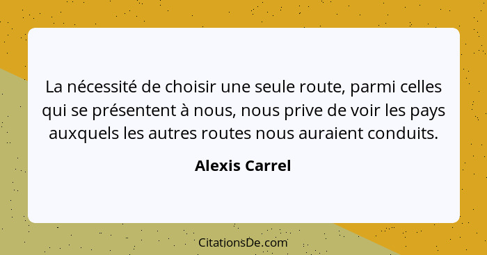 La nécessité de choisir une seule route, parmi celles qui se présentent à nous, nous prive de voir les pays auxquels les autres routes... - Alexis Carrel