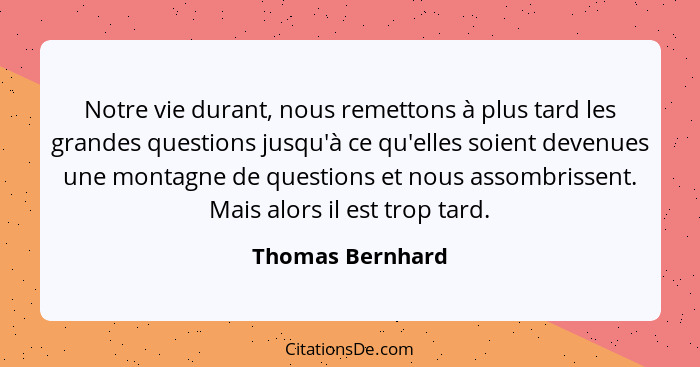 Notre vie durant, nous remettons à plus tard les grandes questions jusqu'à ce qu'elles soient devenues une montagne de questions et... - Thomas Bernhard