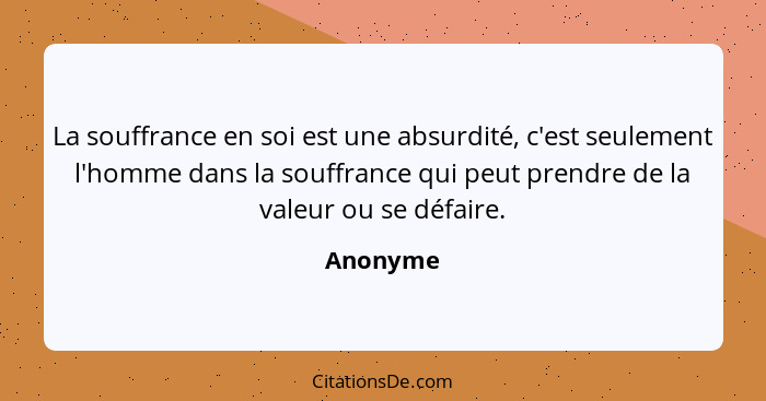 La souffrance en soi est une absurdité, c'est seulement l'homme dans la souffrance qui peut prendre de la valeur ou se défaire.... - Anonyme