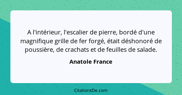 A l'intérieur, l'escalier de pierre, bordé d'une magnifique grille de fer forgé, était déshonoré de poussière, de crachats et de feui... - Anatole France