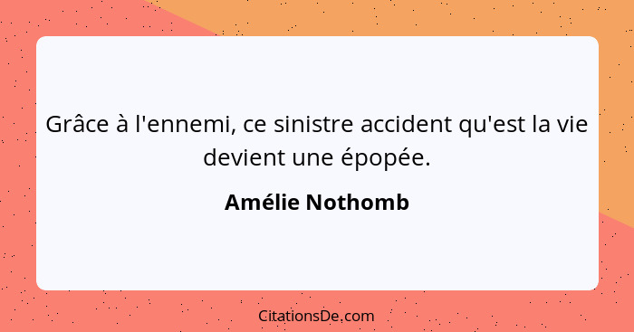 Grâce à l'ennemi, ce sinistre accident qu'est la vie devient une épopée.... - Amélie Nothomb